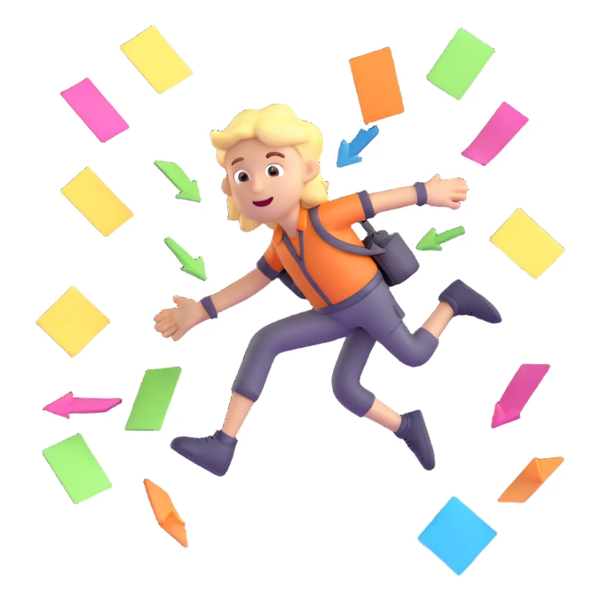 3D icon of a jumping character multitasking, arrows pointing in multiple directions, energetic motion, playful chaos, dynamic planning style, floating sticky notes, spark effects, vibrant lighting, bright colors sticker