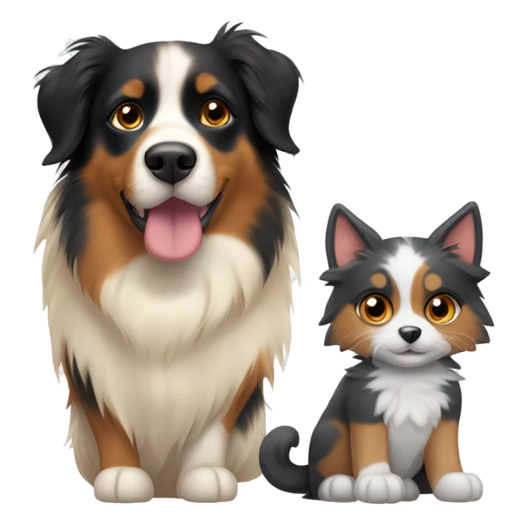 A calico cat next to a black and tan Australian Shepard dog sticker