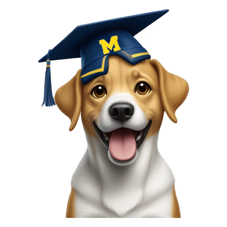 Happy dog wearing University of Michigan hat sticker