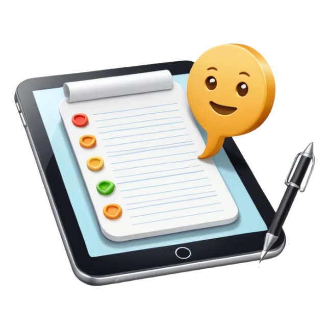 3D icon symbolizing writing a review and sharing opinions, food app context, single object, modern and clean style, soft lighting, isolated, no background sticker