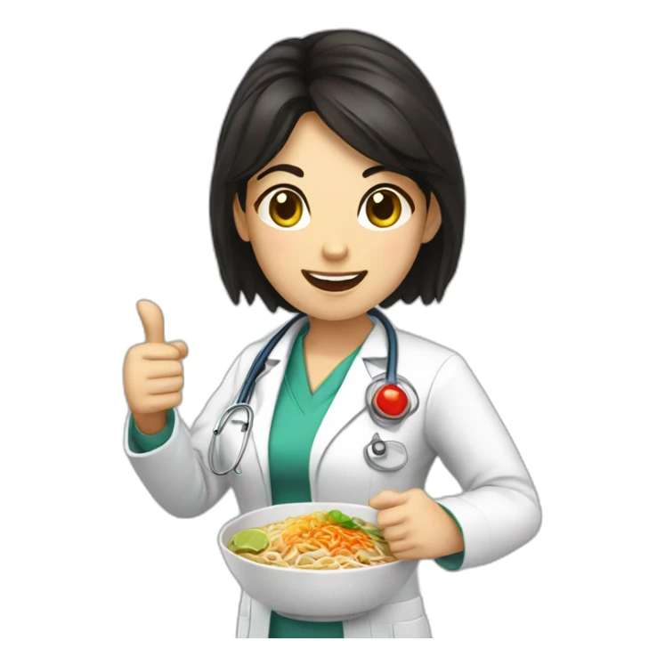 female doctor with dark hair eating ramen bowl with thumbs up sticker