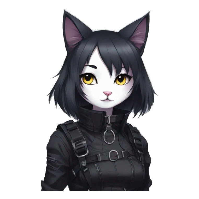Gorgeous gothic dark techwear anime style anthro cat with blushing face aesthetic and pretty edgy black with collar and harness trending style sticker