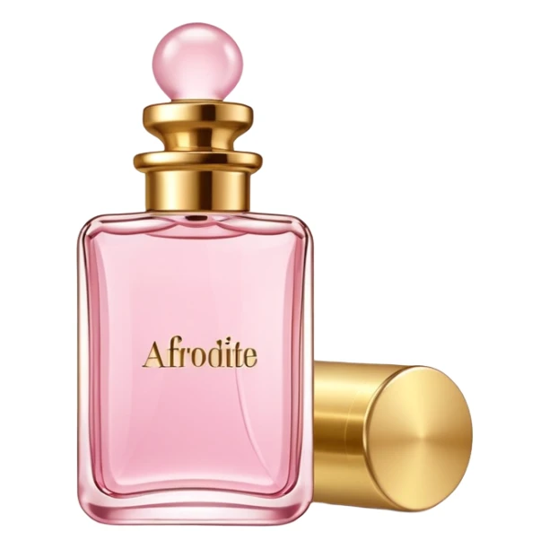rectangle perfume light pink liquid gold cylinder cap written AFRODITE sticker