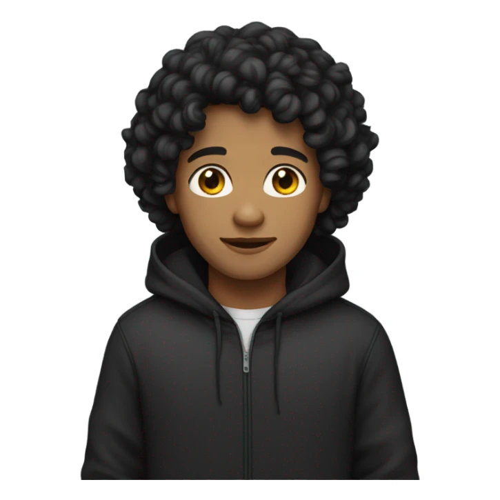 a young male with medium skin and curly black hair, wearing a black hoodie sticker