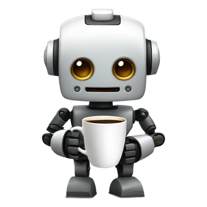 robot with a cup of coffee sticker