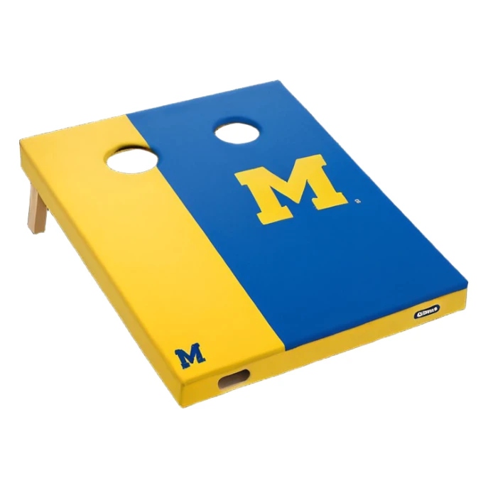 Cornhole board blue and yellow with Michigan “M” With a yellow cornhole bag sticker