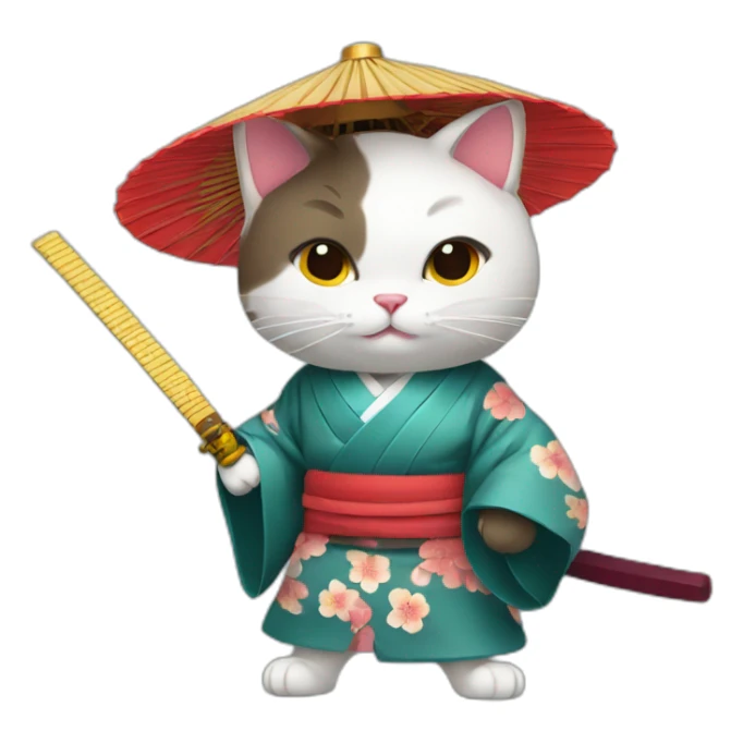 cat with a Japanese hat and a kimono holding a katana sticker