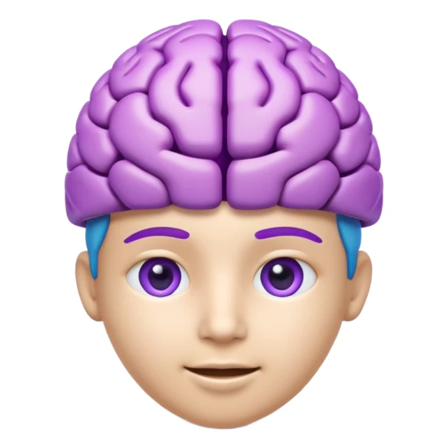 Modern 3D AI emoji, digital brain with subtle tech icons, neutral intelligent expression, blue and purple colors, clean educational style, soft lighting, transparent background. sticker