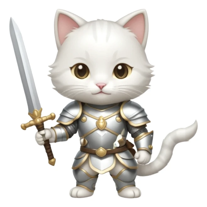 baby chibi white cat in silver armor, full body, smile, hold a sword sticker