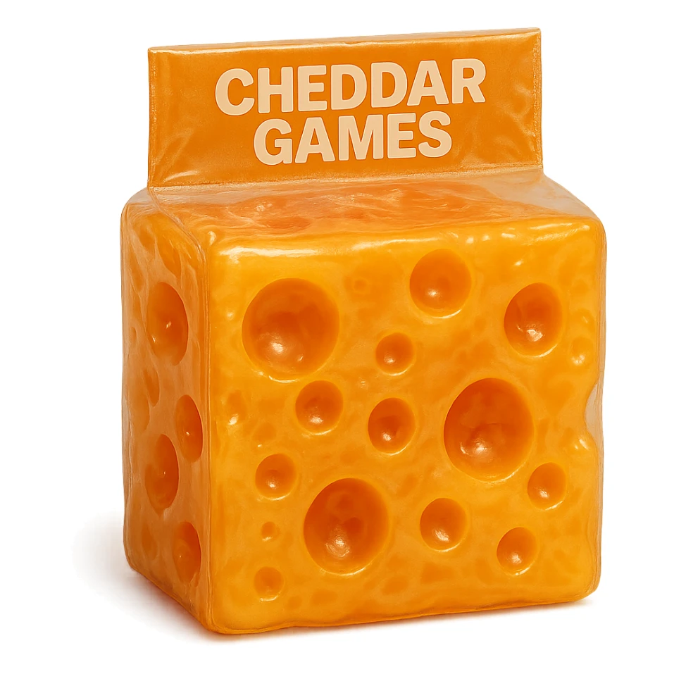A hyper-detailed, transparent orange cheddar block with Swiss cheese holes, soft plastic texture, soft reflections, and a slightly cloudy, squishy look, like a 90's toy or gummy. The block is sealed in plastic with 'Cheddar Games' on the seal, no background, hyper-realistic, and retro. sticker