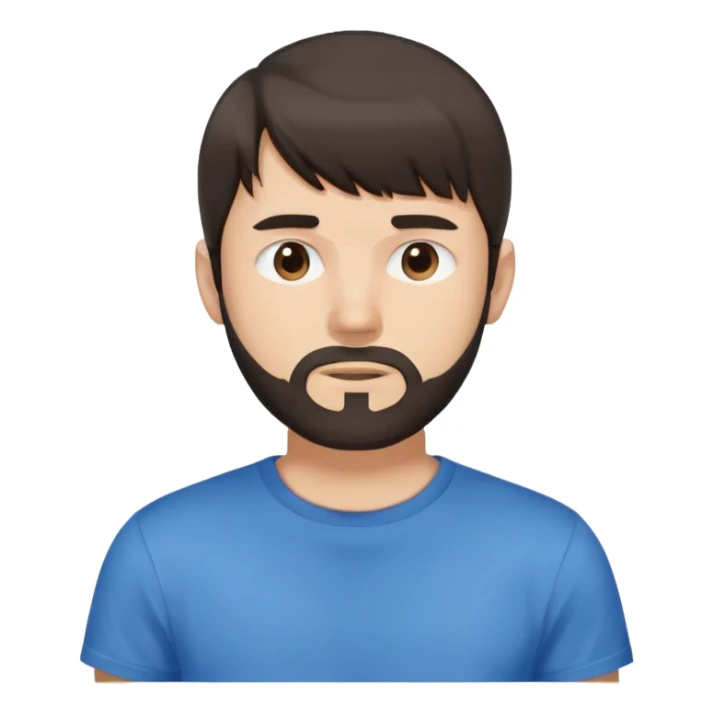 Man with longer dark brown straight hair past ears with bangs, short beard covering whole face, neutral expression, basic blue t-shirt sticker