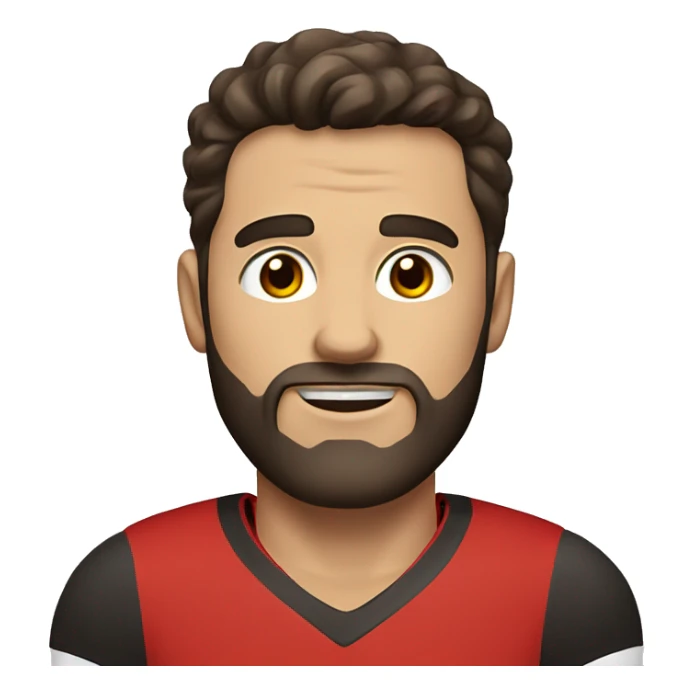 White guy with short dark hair, Brown eyes and a beard Wearing a red jersey  sticker