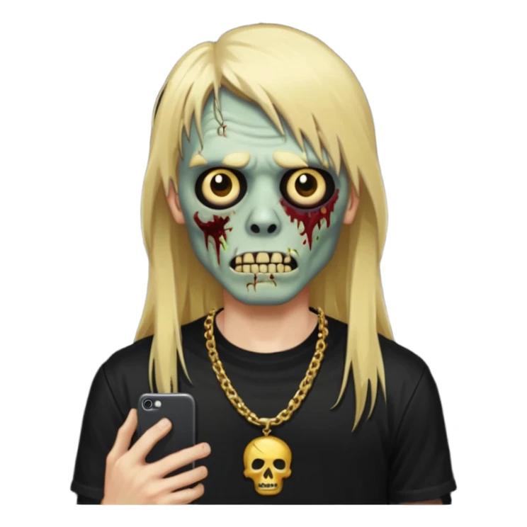 make a iphone emoji who is a zombie man with long blonde hair with bangs, with a black punk shirt and a golden neckless sticker