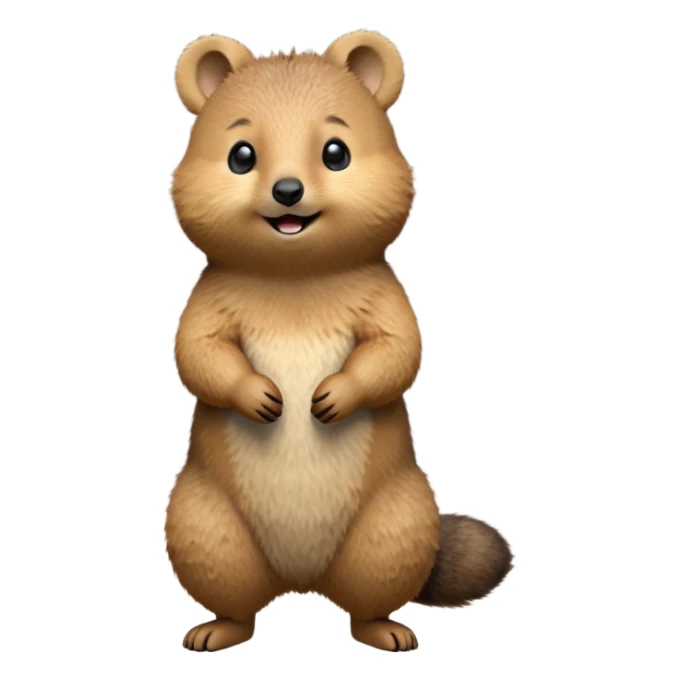 cinematic-quokka-realistic-full-body-standing-emoji,-small-round-frame-balanced-on-tiny-strong-hind-legs,-fluffy-brown-fur-radiating-a-warm-softness,-big-round-eyes-filled-with-joy-and-innocence,-tiny-clawed-paws-held-close-to-chest,-cheerful-smile-exuding-endearing-happiness,-simplified-yet-realistic-focused-features,-highly-detailed,-glowing-with-a-sunny-warmth sticker