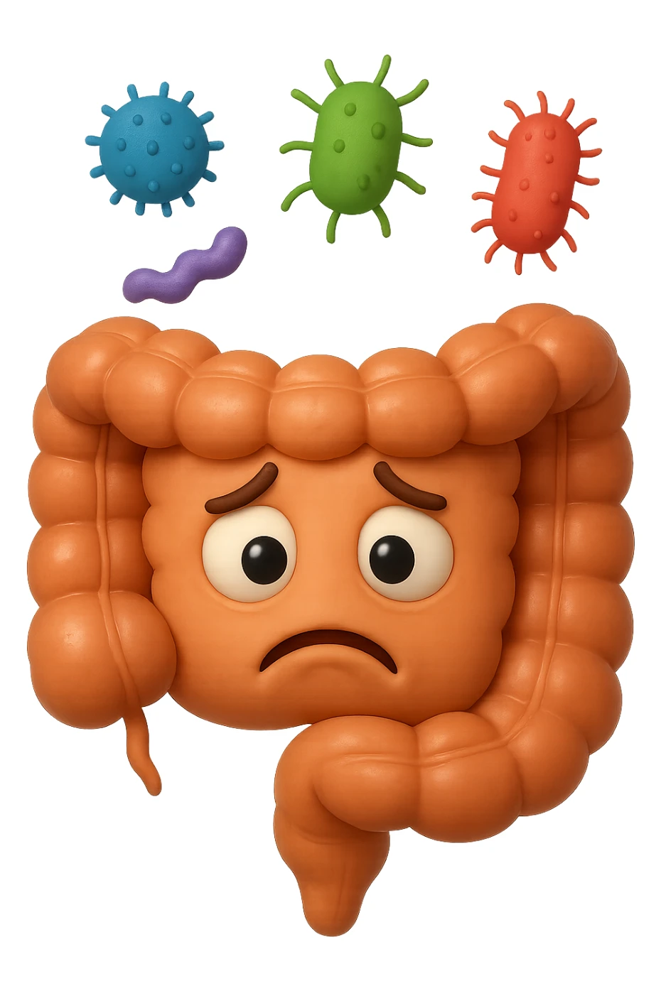 EMOJI STILE IPHONE 3D DI INTESTINO 3D CON ESPRESSIONE TRISTE  IN VOLTO MENTRE SOPRA LUI FLUTTUANO BATTERI, FAGLI ANCHE LA PARTE BIANCA DEGLI OCCHI, NON SOLO LA PUPILLA sticker