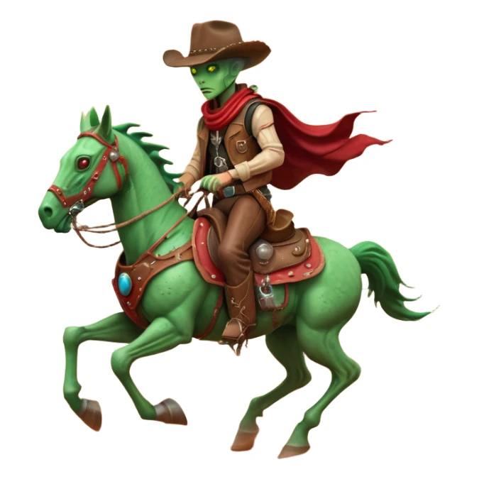 An alien cowboy riding a mechanical horse across a red Martian desert, two moons in the sky, dust storm swirling, wide cinematic shot, dramatic composition, hyper detailed, sci-fi western fusion sticker