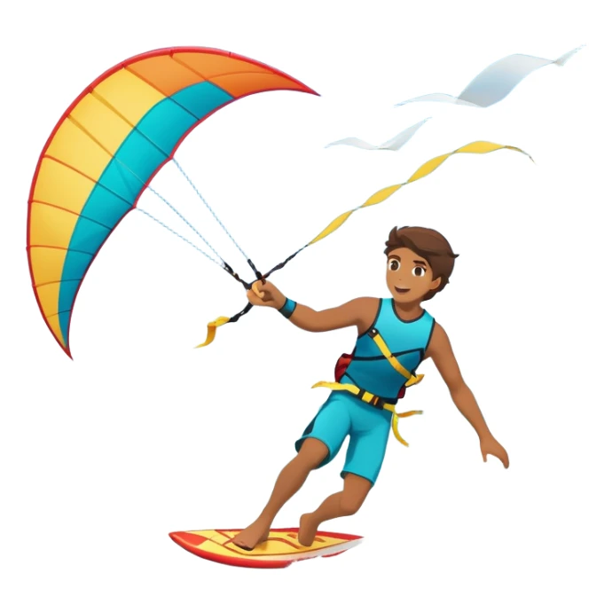 A kite surfer soaring above the waves, holding onto a kite with the wind in full force. The background showcases the ocean and sky, emphasizing the freedom, thrill, and energy of the sport. The motion of the kite and board is dynamic, capturing the excitement of kiting. sticker