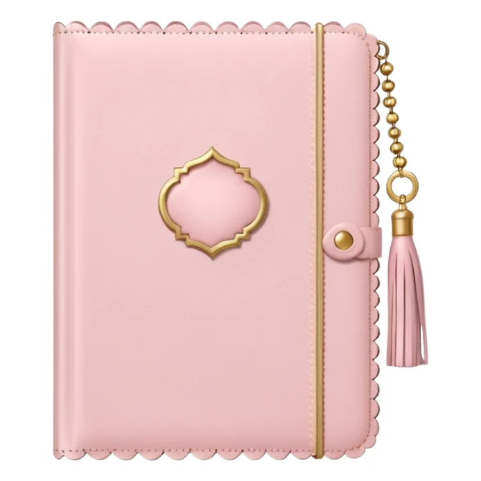 a soft pink journal with scalloped edges, tiny gold dot details, and a small tassel charm, cozy and elegant stationery vibe sticker