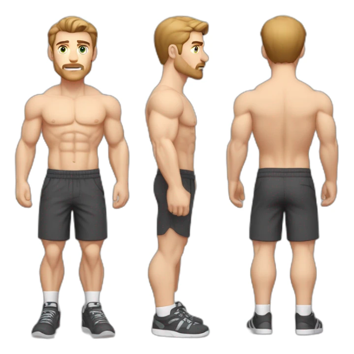 Full height Pale skinned muscular man With Realistic eyes and mouth, light brown hair and stubble In dark gray sleeveless mike, black oversize sports shorts, watch and white sneakers. sticker