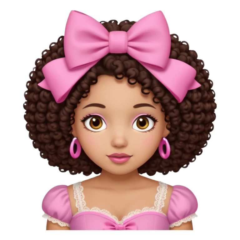 medium-light kinned afro-latina girl with medium length chocolate brown side part curly hair, brown eyes, pink sweetheart necklined top with lace, round wide-ish nose, chubby long shaped face, pink bow sticker