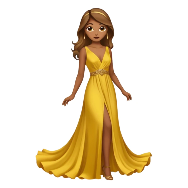 Woman using a long elegant yellow dress. She has medium skin tone and a brown with gold makeup sticker