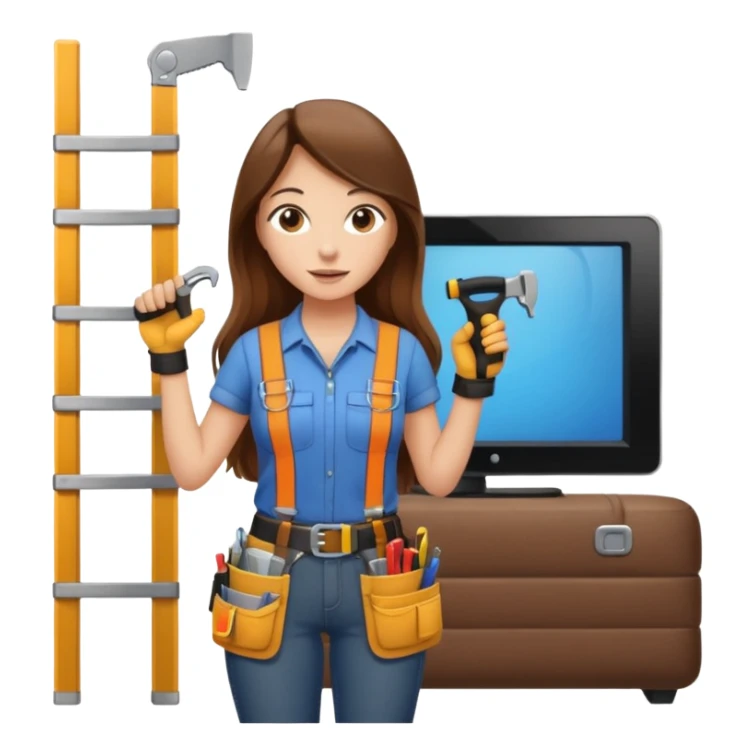 beautiful girl with long brown hair constructing new lounge room area with flat screen tv and couch sticker