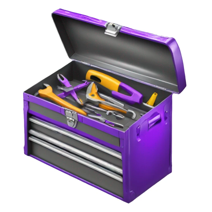 Realistic metallic purple tool box with top open and purple tools inside of it isolated.  sticker