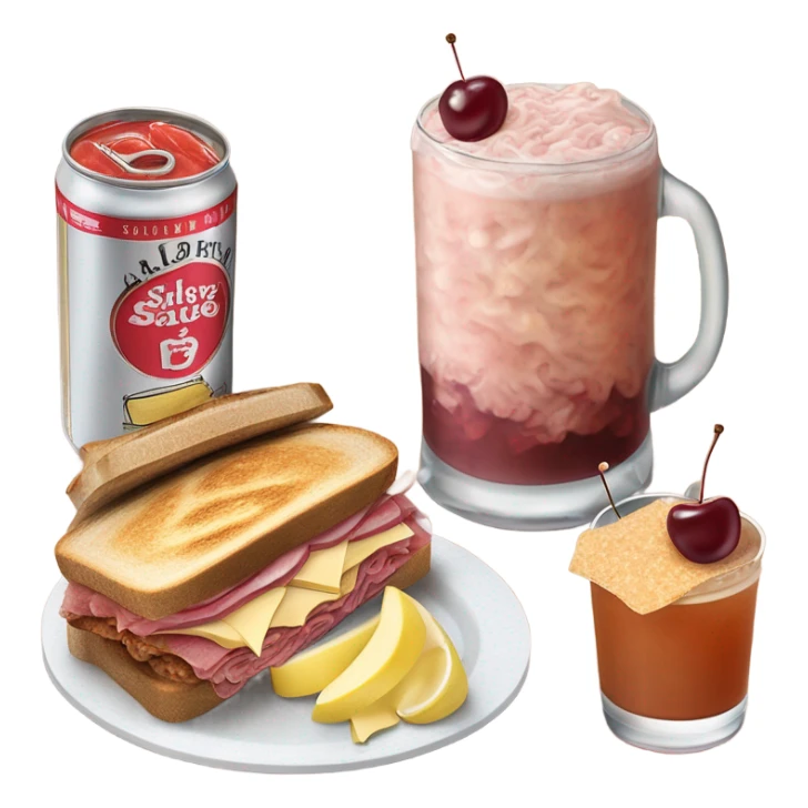 shirley temple drink with cherries and a Reuben sandwich sticker