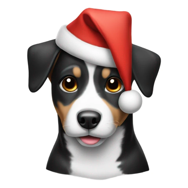 Black and white dog wearing a Christmas hat sticker