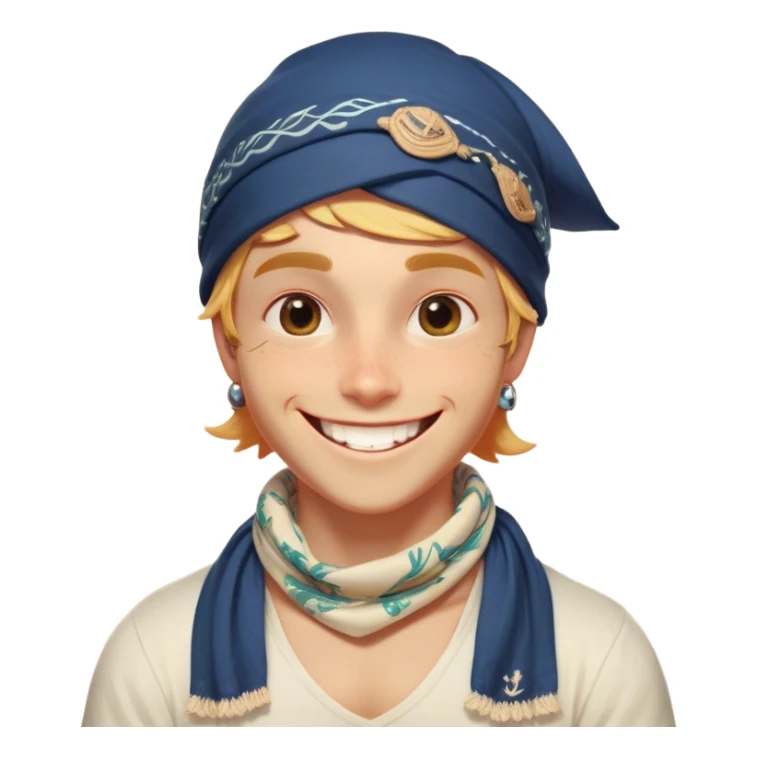 Clash of Clans aesthetic Playful Pirate Portrait Emoji, Head tilted with a roguish, cheeky grin and twinkling eyes, featuring a compact, spirited build with a jaunty hat and a quirky bandana, his natural skin tone evident, Simplified yet irresistibly charming features, highly detailed, glowing with a warm, inviting oceanic glow, high shine, spirited and lively, stylized with an air of whimsical maritime mischief, soft glowing outline, capturing the essence of a playful pirate exuding friendly rogue charm! sticker
