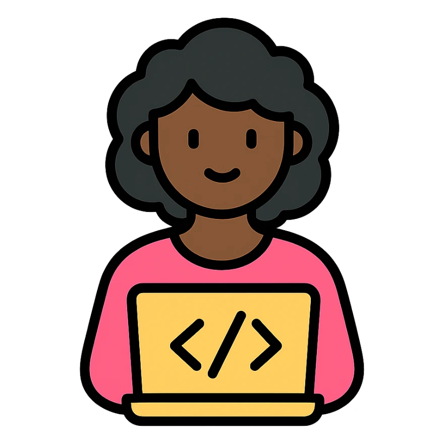 color outline icon of a black woman coding with minimal background sticker