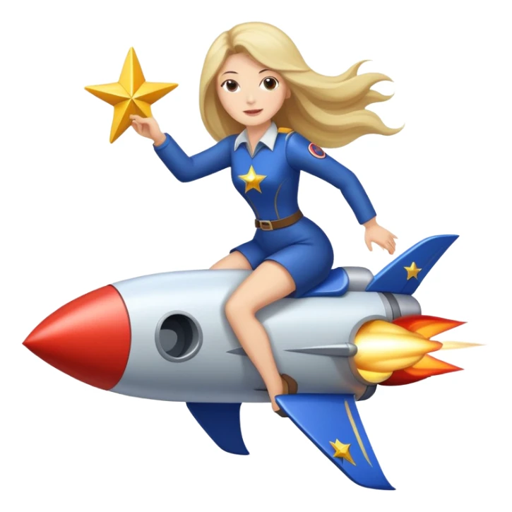 white women riding shooting star with a rocket booster sticker