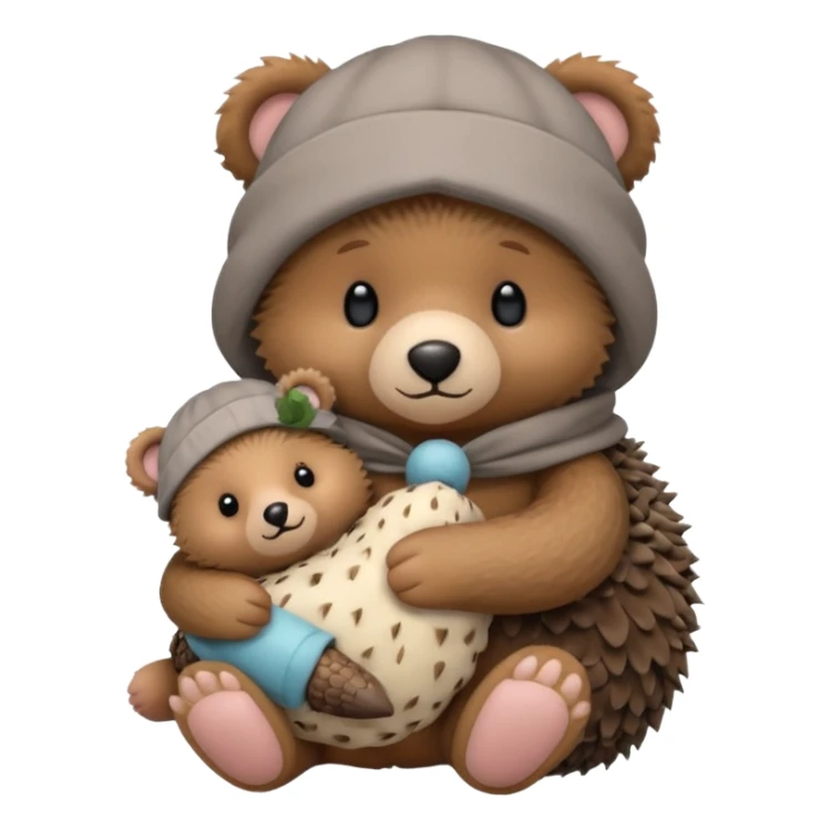 create a picture of a teddy bear holding a stuffed hedgehog in a sleep cap in front of him sticker