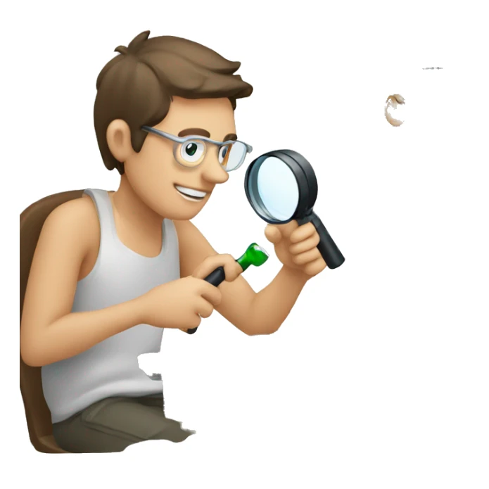 man using magnifying glass to read a computer monitor sticker