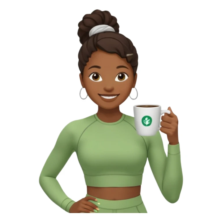 A black woman drinking a coffee dressed in a Lululemon co-ord green fit sticker