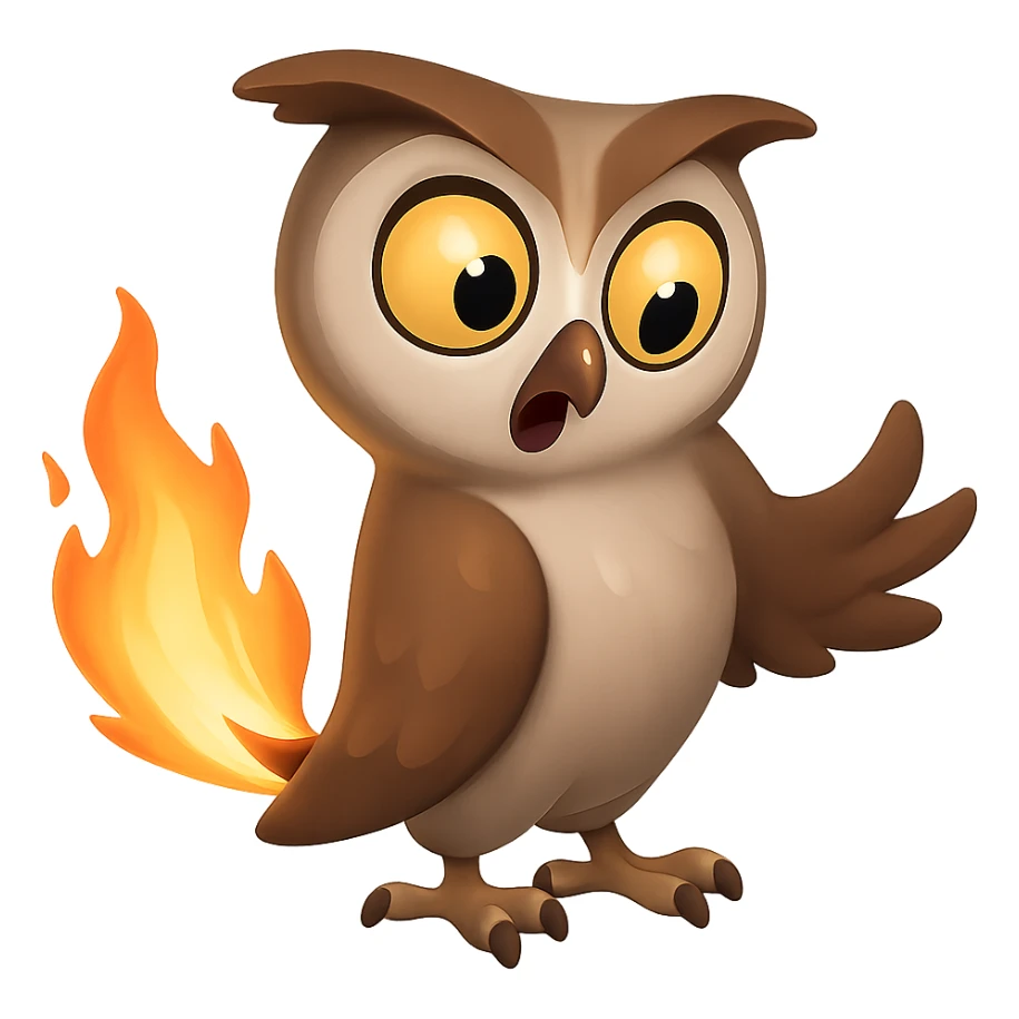 В стилистике эмоджи сгенерируй сову, она удивленно смотрит на свой хвост, который прямо сейчас горит, прозрачный фон sticker