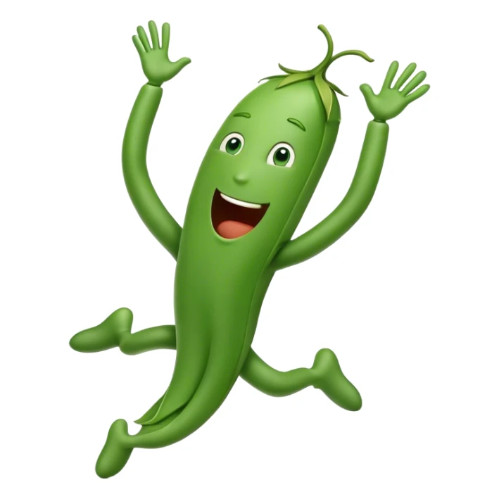 a string bean character jumping for joy. legs are tucked and hands are up over his head with fists straight up in the air. sticker