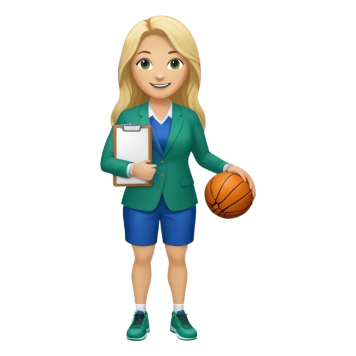 Full Body white plus size female basketball head coach using a clipboard with long blonde hair in a blue and green suit smiling with basketball and clipboard sticker