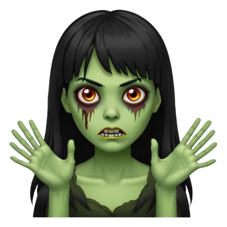 mulher zombie verde com cabelos pretos longos e franja com as mãos para frente igual um zombie sticker