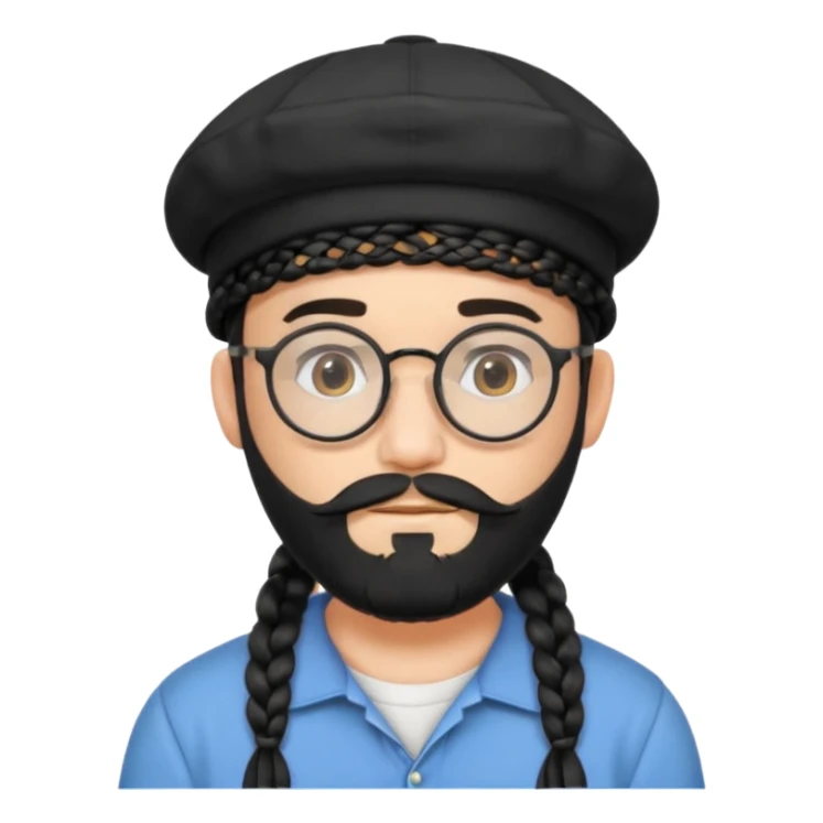 Stereotypical jew with black head cap round glasses and 2 braids on the side with black beard sticker