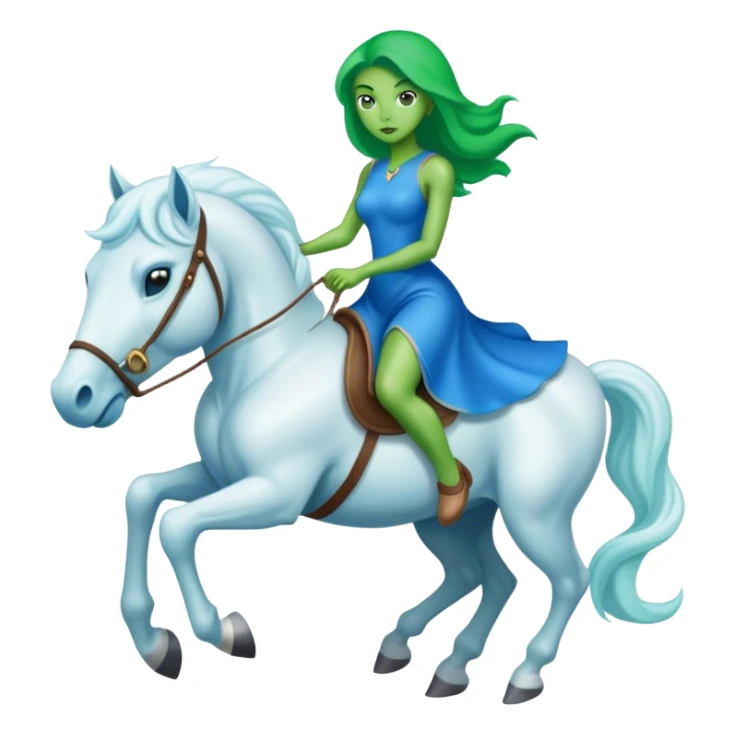 green alien woman in blue dress rides a white stallion sticker