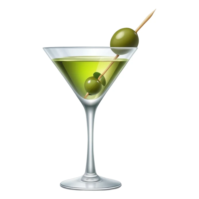 martini glass with completely colorless transparent liquid like pure water, with a green olive at the bottom skewered by a toothpick sticker