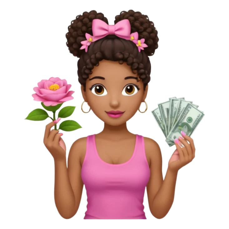 Uma menina com o cabelo cacheado com um Coque com baby hair, morena, e com uma regata rosa com um gloss na frente da regata ,com unha em gel,e com dinheiro na mão ,e com flores na outra mão,  sticker