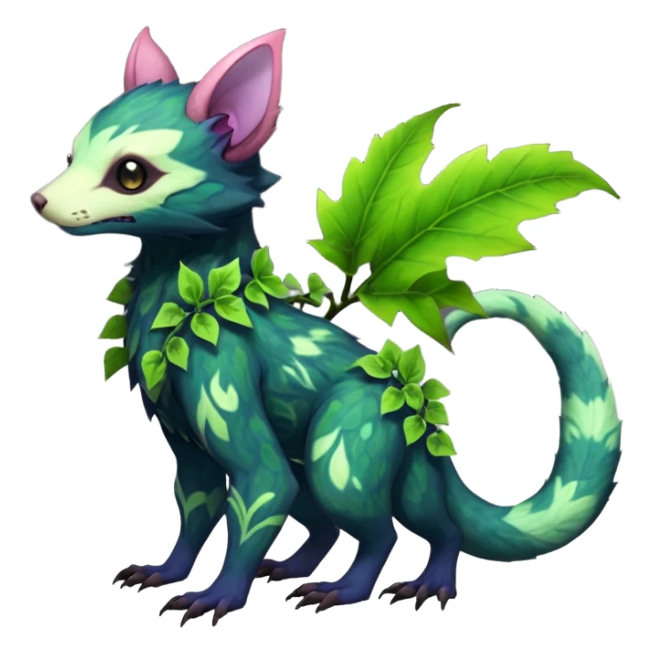 Realistic Sharp swampy mossy elemental ivy floral detailed Colorful translucent luminescent glowing Trico-Noibat-batty-Sergal-Furret-Ferret-Wolverine-Vernid-furry-fursona-fusion-Fakemon-animal-hybrid-creature, full body sticker