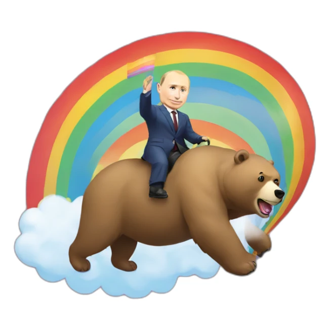 Vladimir putin with pride flag riding a rainbow on a bear sticker