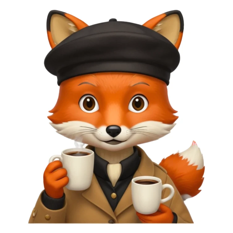 Fox in beret holding coffee cup sticker