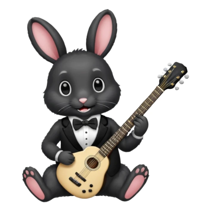 A black rabbit with white teeth and white eyes with a black bowtie holding a black guitar sticker