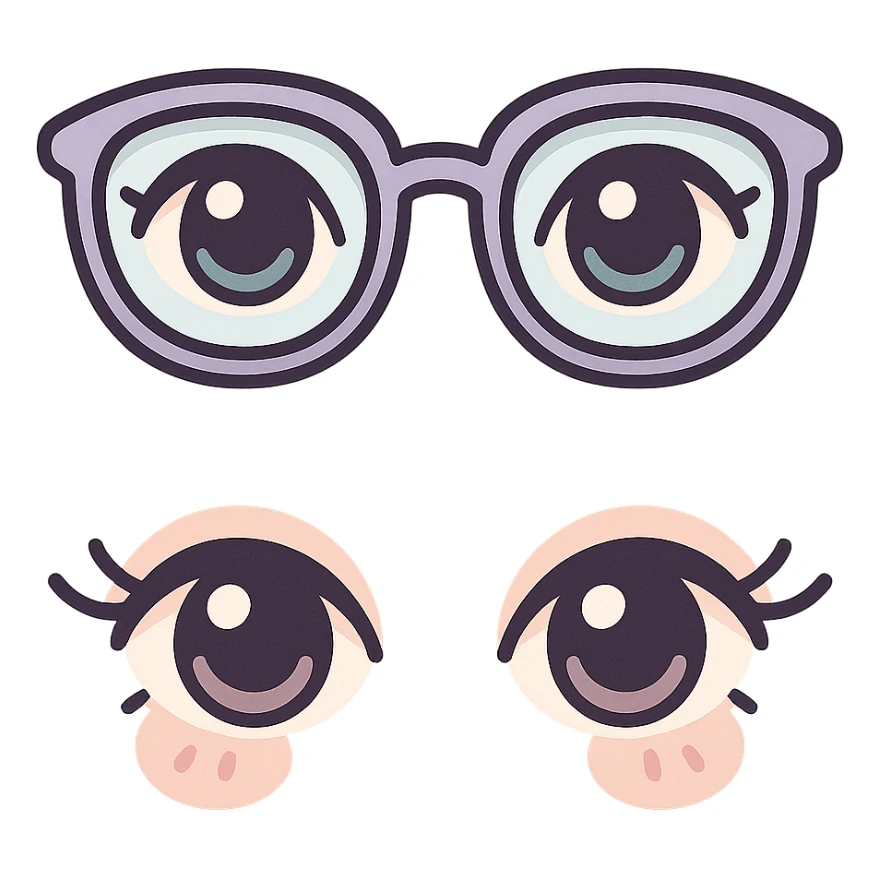 Depict two pairs of almond-shaped eyes with eyelashes on one canvas: one pair wearing glasses, the other without glasses. Maintain the icon-color-outlined style with a vector look featuring shadows and highlights, detailed hatching, thin clean contours, soft rounded features, and a pastel palette (#98B5BC, #B5B3C1, #C9A3C9, #E4C0CA, #F7DCD1, #F7C0AA). The style should evoke Japanese pop art, sticker appearance, with a transparent background. sticker