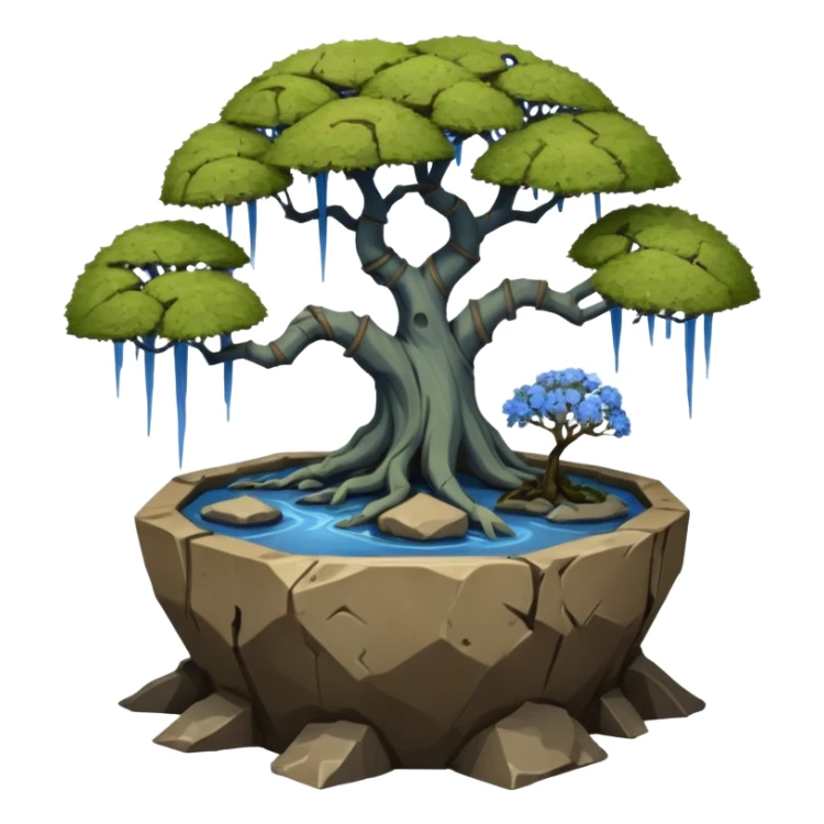 Bare Alien landscape mudman very old broken cracked intricate Stone Age rocky-crusted irregular dodecagon-shaped shallow dark moss rough bark blue weeping willow flowered maple tree bonsai pot sticker