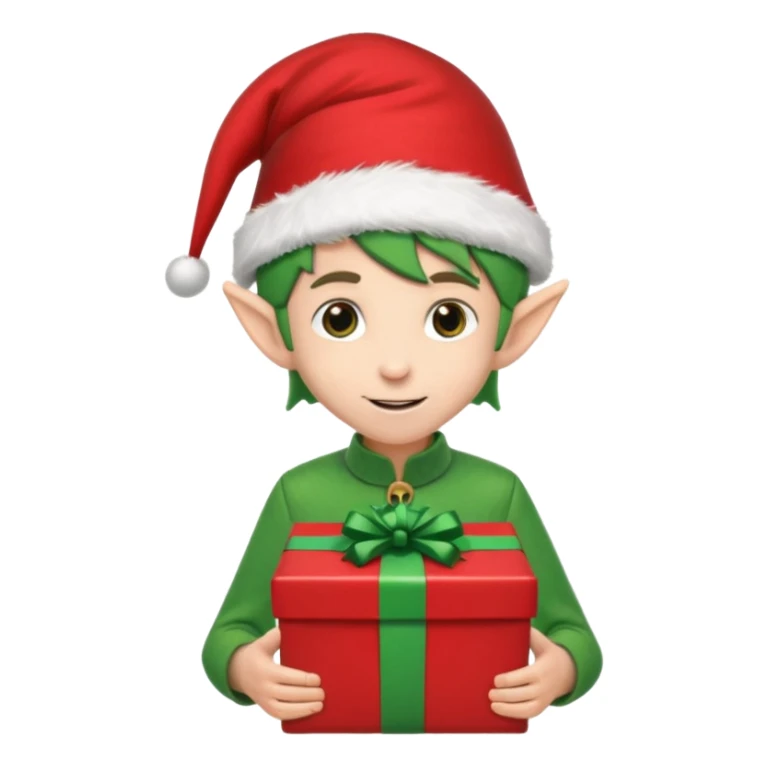 elf wearing a santa hat holidng a xmas present make his unfiorm green adn red sticker